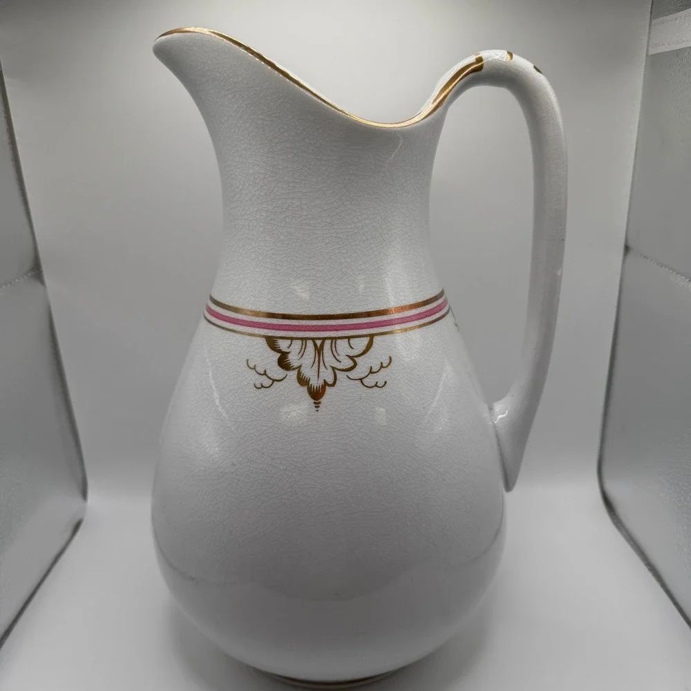 Antique G.P. Co. Ironstone‎ Pitcher White Gold Pink Gilt Crazed Victorian Ewer